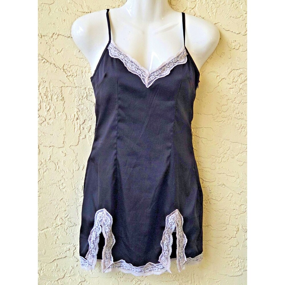 EDIKTED Black White Lace Trim Mini Slip Dress Lined XS French Maid Coquette Sexy